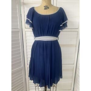 Ya Los Angeles Blue Fit N Flare Pleated Skirt Short Sleeve Ruffles Gray Trim Med